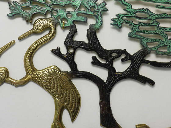 Image 1 of Decorazione murale vintage con gru in ottone, stile anni '50, '60, '70, arredamento di metà secolo.