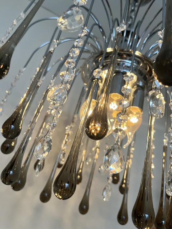 Image 1 of Lampadario a goccia XXL di design con gocce di cristallo e struttura cromata, italiano