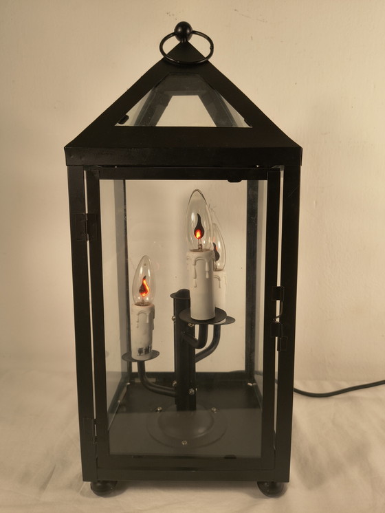Image 1 of Klassische Laternen-Tischleuchte mit 3 Kerzenfassungen – schwarzes Metall und Glas