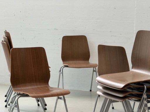 4 Stackable Chairs – Wood Veneer & Chrome, Mid-Century Look
