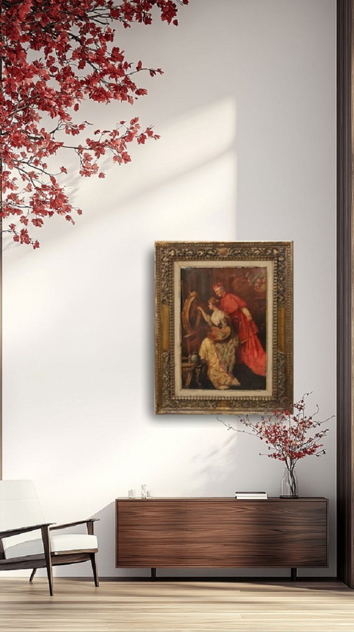 Olieverfschilderij op karton, Jonge schilderes met kardinaal, Italië, 19e eeuw