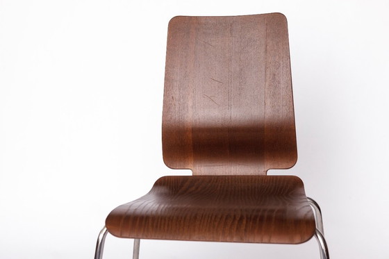Image 1 of IKEA Gilbert stoel – vintage stapelbare eetkamerstoel uit de jaren 90, zitting van teakhout met chromen poten, set van 3 beschik
