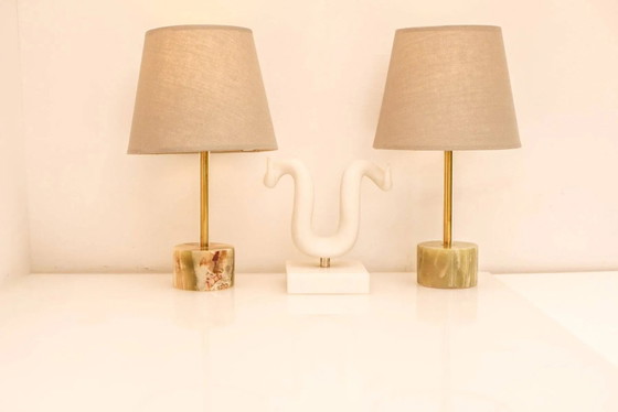 Image 1 of Mid-century modern Italian onyx and brass table lamps, set of 2