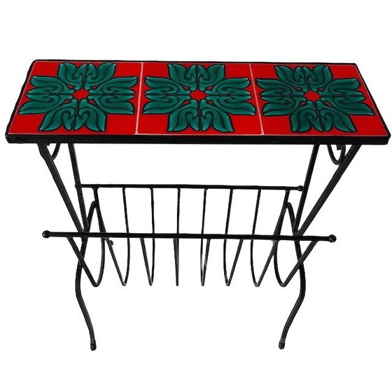 Image 1 of Vintage mid-century reading table retro magazine rack tiles wrought iron 1960s