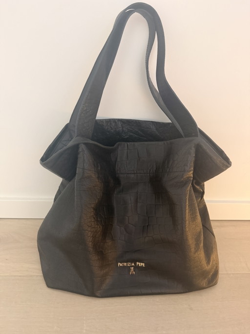 Bolso de compras Patrizia Pepe de piel negra – Bolso grande – Con relieve de cocodrilo – tote tassen, Calfskin
