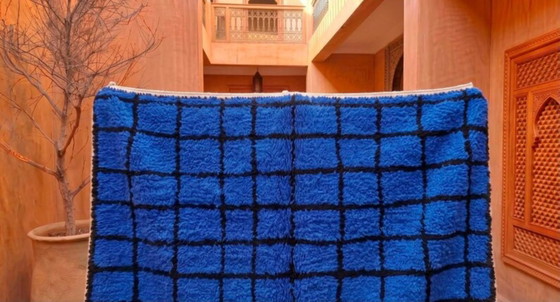 Tapis Marocain Bleu-Carré Noir En Laine 200cmx300cm – Vloerkleden en tapijten, Cotton (photo 3 of 9)
