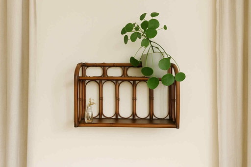 1960s vintage rattan wall shelf