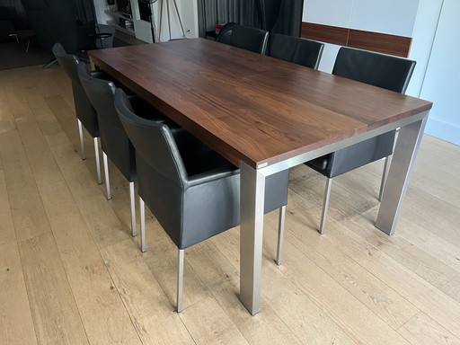 Bert Plantagie eettafel met 6 lederen stoelen – eetkamerset, Leather, Metal