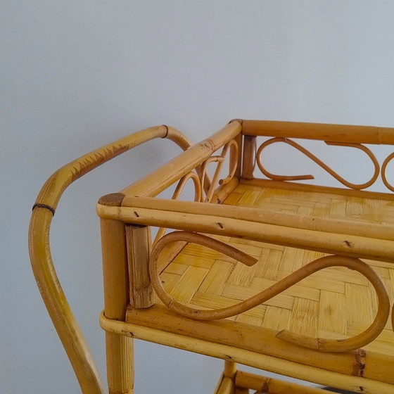 Image 1 of 1960s Gorgeous and Elegant Serving Bar Cart in Bamboo & Rattan by Franco Albini, Made in Italy