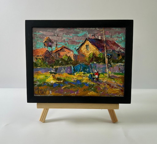 Original Oil Painting Rural Life Landscape On a Village Street