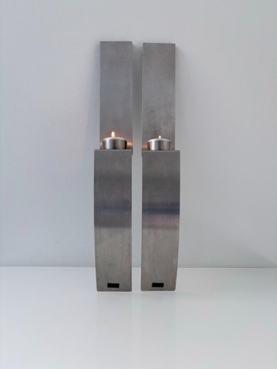 Set van 2 RVS design wandkandelaars 45 cm, Wanddecoratie, Roestvrij staal, Zilver (foto 3 van 15)