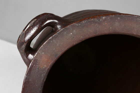 Image 1 of Maceta rústica grande de cerámica esmaltada marrón, firmada, Bélgica, siglo XIX