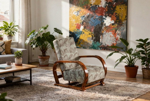 Restored Art Deco Reclining Armchair, Walnut, Chrome, Repolished, Czech, 1930s – fauteuils, Textile, Wood