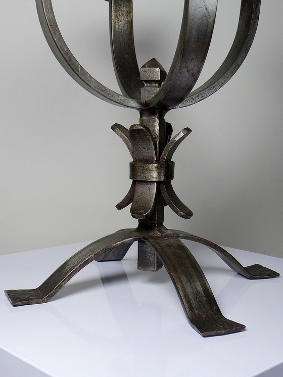 Image 1 of Pair of Massive Brutalist Wrought Iron 4-Light Vintage Candlesticks