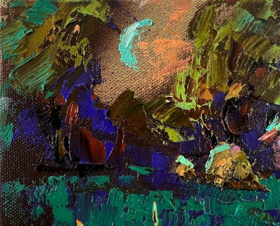 Image 1 of Original Oil Painting Summer House Landscape Moonlit Country Night