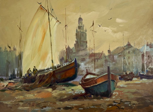 Dipinto ad olio originale Paesaggio urbano serale Sera sul molo