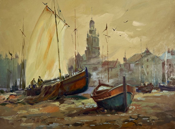 Image 1 of Pintura al óleo original Paisaje urbano al atardecer Atardecer en el muelle