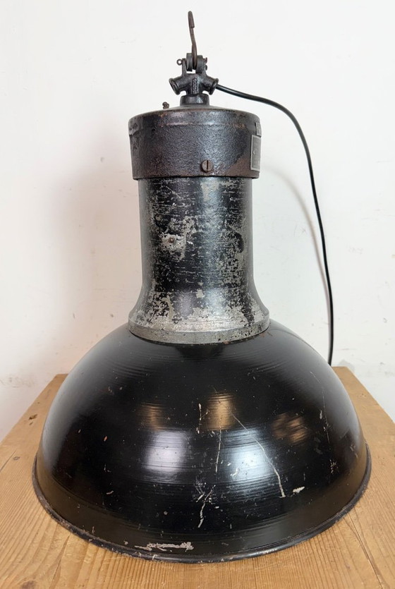 Image 1 of Large Industrial Factory Black Pendant Lamp with Cast Iron Top, 1950s
