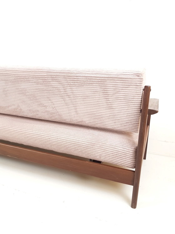 Image 1 of Panca vintage in teak, rosa pastello chiaro, recentemente rivestita