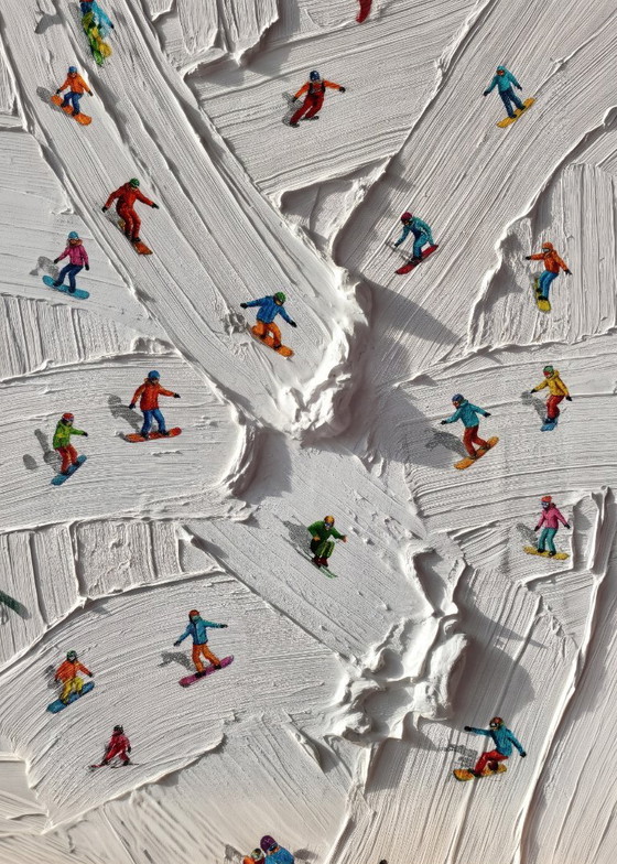Dipinto con sciatori e snowboarder, multicolore, Dipinti e disegni, Tela, Carta, Bianco, Modern (foto 5 di 5)