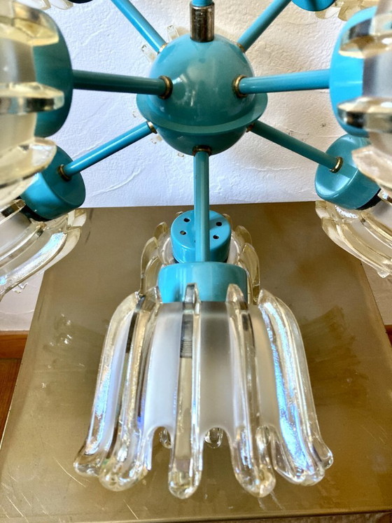 Image 1 of Large 9-light chandelier in molded glass and turquoise metal, Leclaire & Schäfer – 1960s
