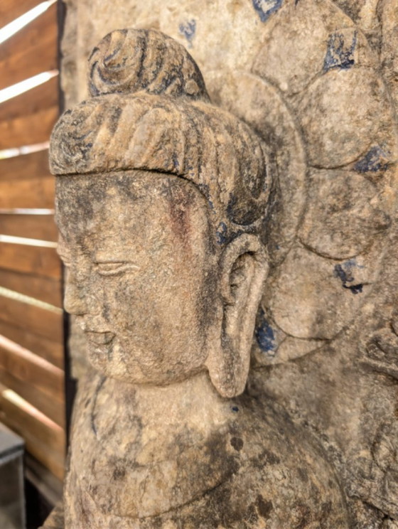 Image 1 of Large Himalayan limestone Buddha stele with naga and temple relief