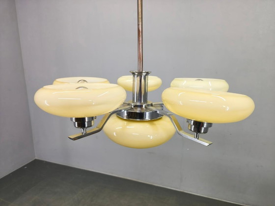 Image 1 of Art Deco Chrome Chandelier with Six Opaline Glass Shades, 1930s