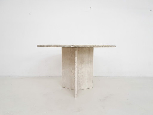 Vintage travertin ronde eettafel, Nederland 1970's