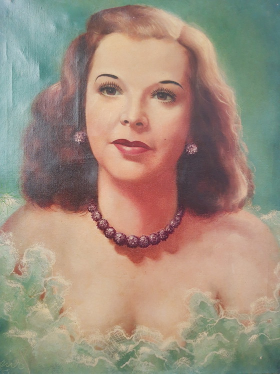 Image 1 of Peinture à l'huile vintage de pin-up de 1952, unique !