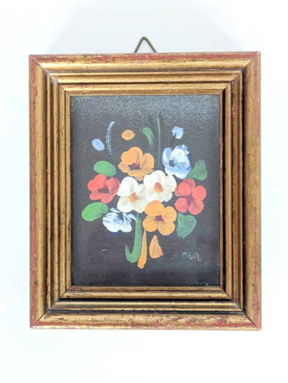 Image 1 of Pair of Small Italian Oil Paintings, Floral and Landscape, Gilded Wood Frames, Signed
