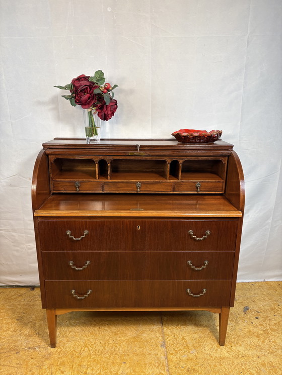 Image 1 of Mid-Century Swedish Teak (or Walnut) Roll-Top Bureau by Egon Østergaard for AB Bröderna Gustafssons 1960  Bring a timeless Scand