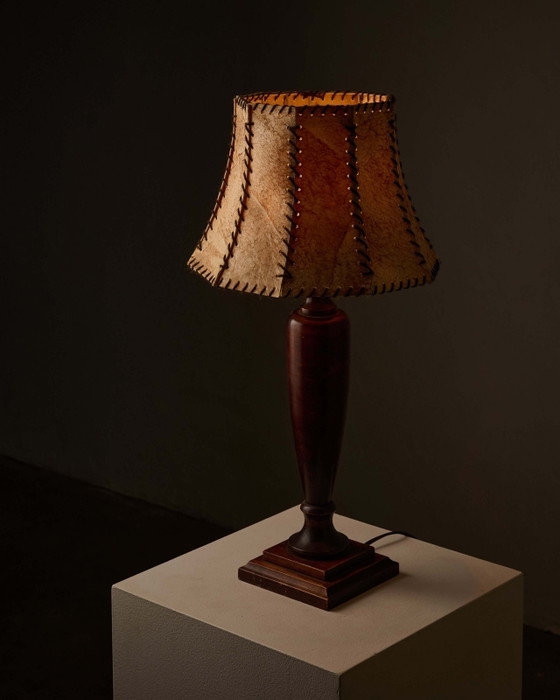 Turned Dark Wood Table Lamp with Stitched Shade, Rustic (photo 5 of 5)