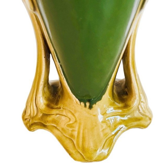 Image 1 of Antique XL Art Nouveau Barbotine vase green ceramic Majolica 1900's