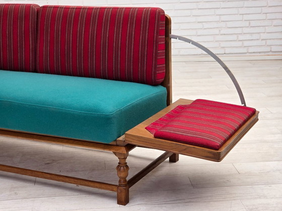 Image 1 of 1950s, Danish 2 seater drop arm sofa, original striped red furniture wool, oak wood.