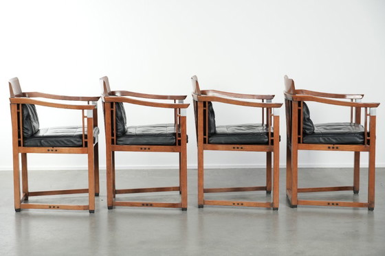 Image 1 of Ensemble de 4 chaises de salle à manger de luxe en cuir noir, design Art déco, par Schuitema