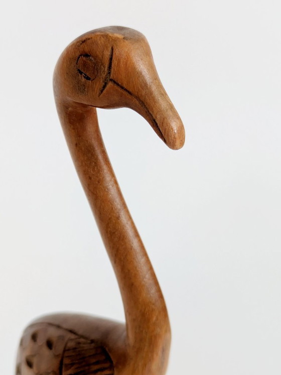 Image 1 of Midcentury Teak Wood Crane Sculpture, Hand Carved Bird, Scandinavian Modern Decor