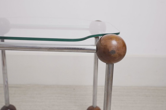 Image 1 of  Atomic MCM Side Table Vintage 1970s Mid Century Modern Space Age Chrome Glass Wood Sphere Joints Molecular Coffee Table 