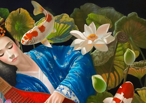 Original Oil Painting Surrealism Japanese Motif Thoughts for a Girl – Paintings & Drawings, Canvas (photo 3 of 8)