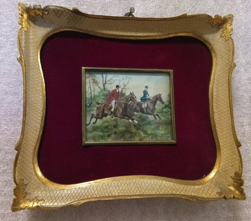 Signed 19th Century English Oil on Canvas Miniature Hunting Scene