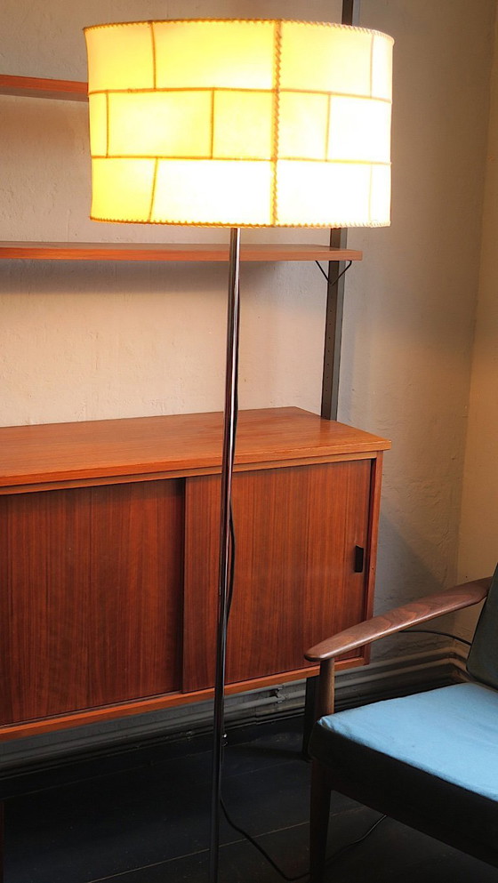 Image 1 of Cocoon vloerlamp met patchwork kap en met leer beklede voet, jaren 60