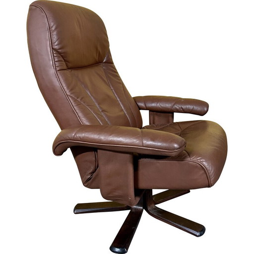 Poltrona girevole vintage danese in pelle marrone, anni '70