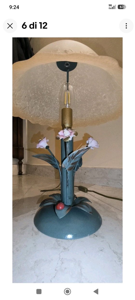 Vintage Fe Lamp Hand-Wrought by Master Blacksmith H. 38 cm and Porcelain Flowers Cap – Table lamps, Glass (photo 2 of 11)