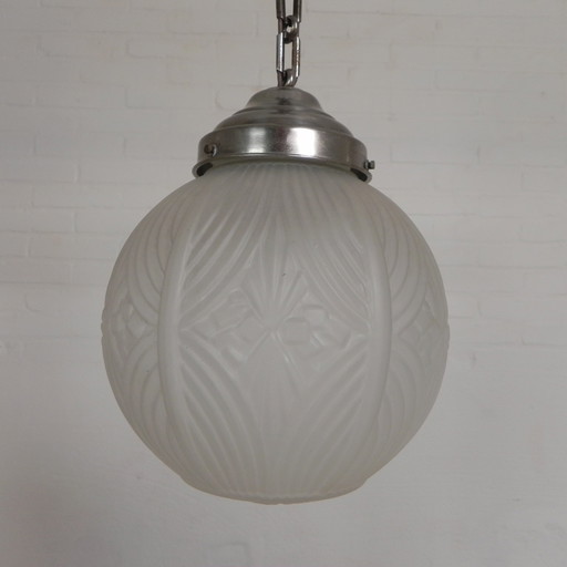 Art Deco Pendelleuchte mit runder Kugel mit geometrischen Mustern, 1930er Jahre