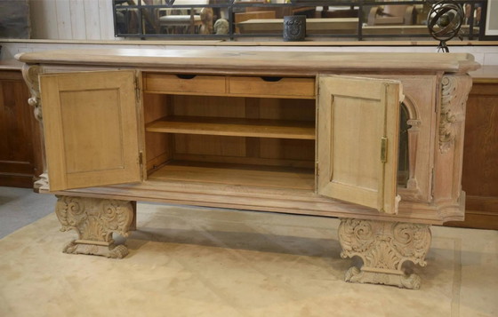 Large buffet with 4 doors in cerused oak, eglomisé mirror and 1950s leather. – Storage cabinet, Wood (photo 13 of 16)