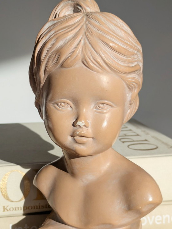 Image 1 of Vintage Young Girl Bust on Pedestal, After Salvatore Melani, Glazed Plaster Terracotta Patina, Signed