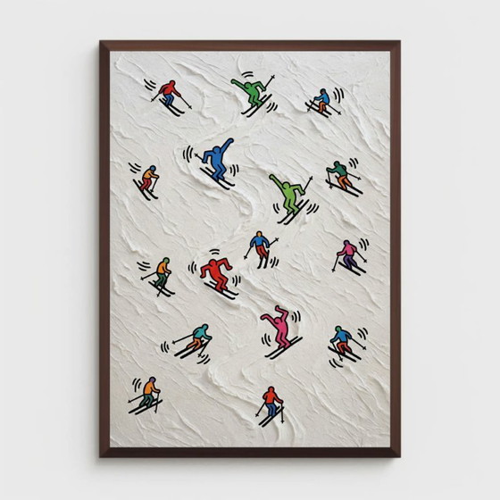 Schilderij met skiërs, veelkleurig, Schilderijen & Tekeningen, Papier, Meerdere kleuren, Modern (foto 6 van 6)