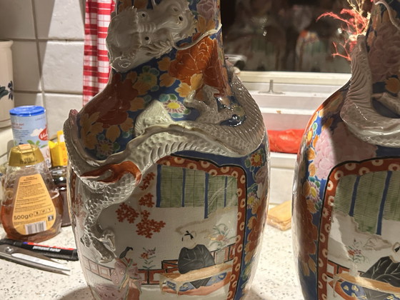 Image 1 of Japanese Hizen Shinpo porcelain maker's mark set of two vases 
