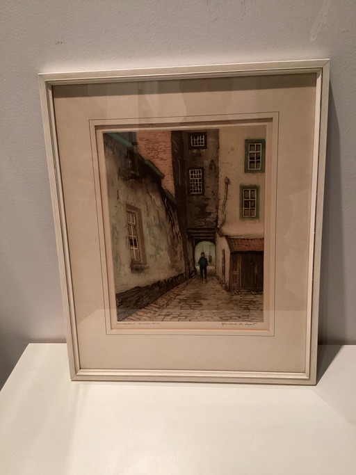 An atmospheric and authentic color etching by the renowned 's-Hertogenbosch graphic artist Hendrik de Laat (1900-1980)