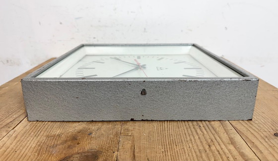 Image 1 of Grey Industrial Square Wall Clock from Pragotron, 1970s