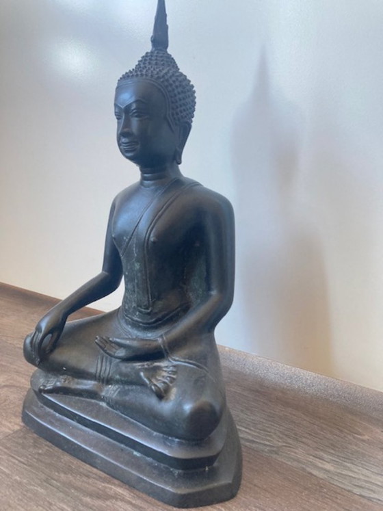 Image 1 of Thai bronze seated Buddha sculpture, earth-touching gesture. 